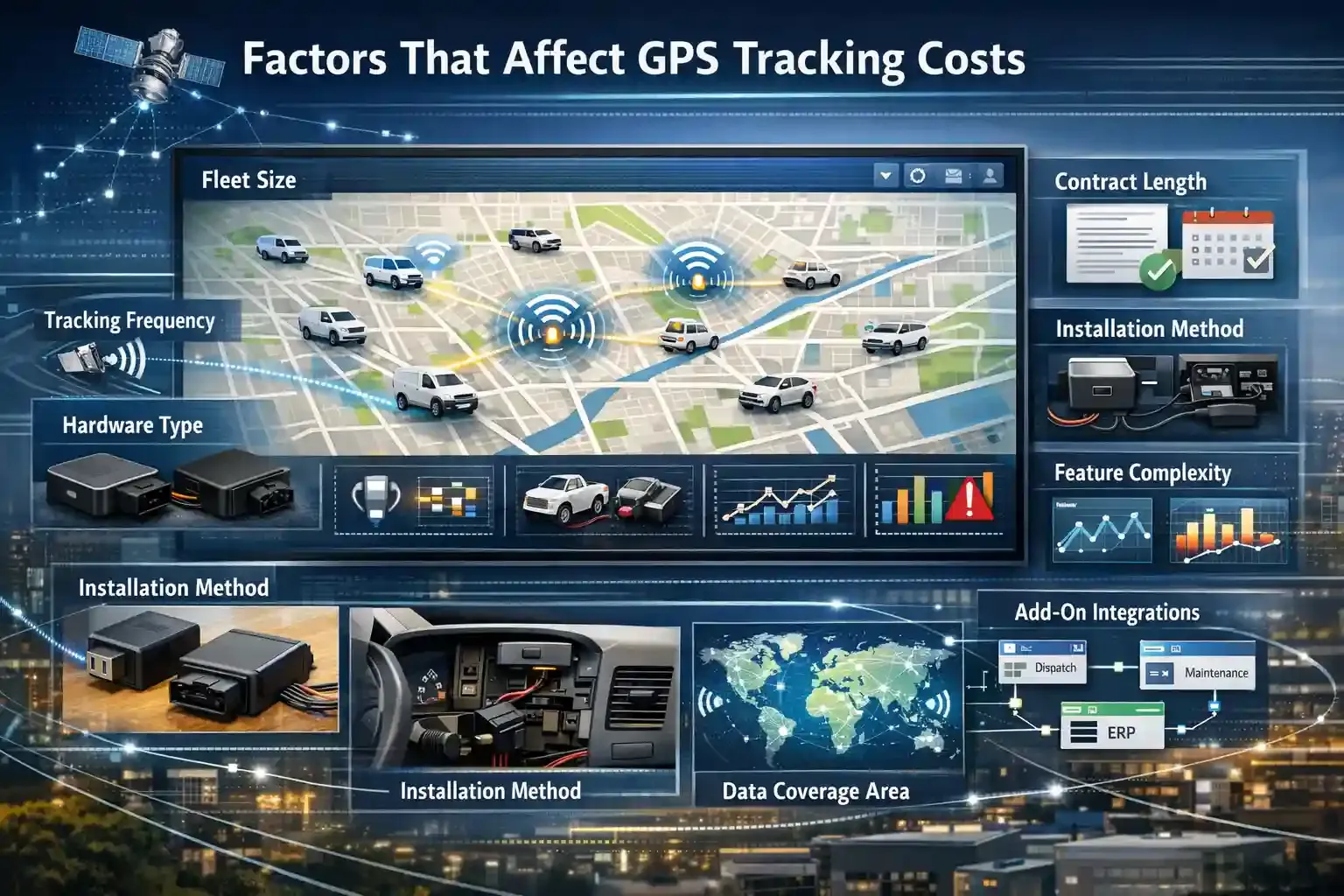 GPS tracking cost factors dashboard showing fleet size, hardware, data coverage.